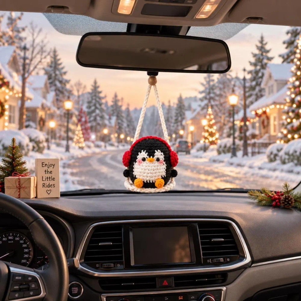 Crochet Christmas Car Ornament of Snowman Santa Penguin Grin Crochet car hanging