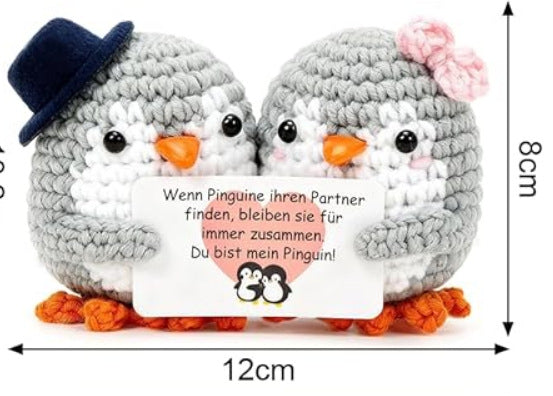 Couple Wool Doll Gray Pink Wool Knitted Penguin Bow Hug Doll