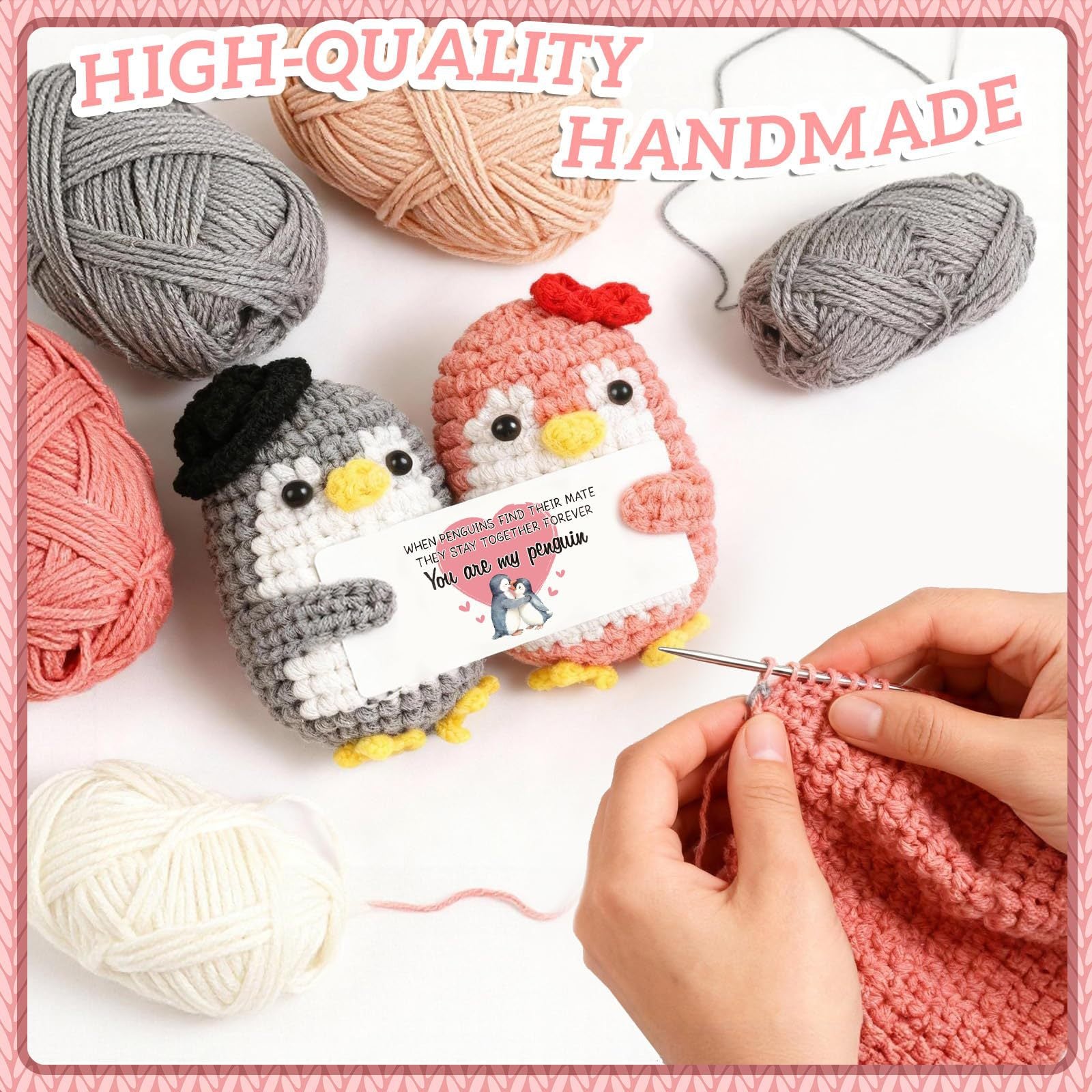 Couple Wool Doll Gray Pink Wool Knitted Penguin Bow Hug Doll
