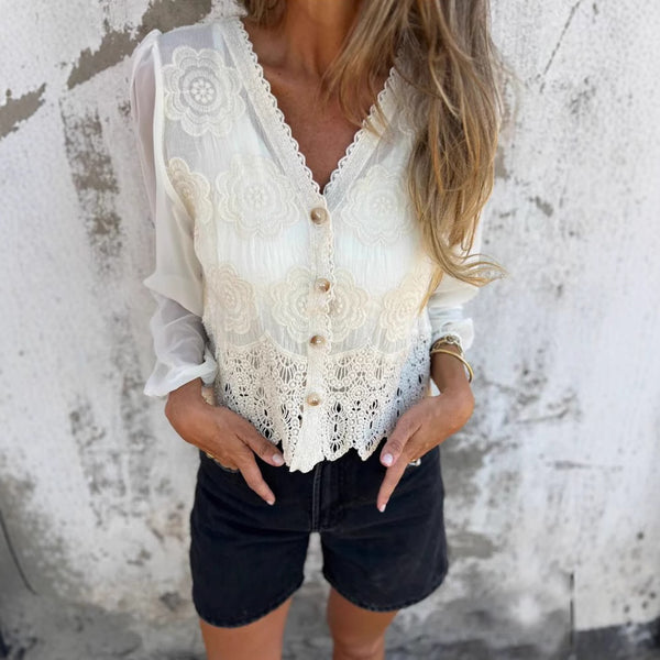 Camisa Sexy De Manga Larga Bordada Con Cuello En V 2025