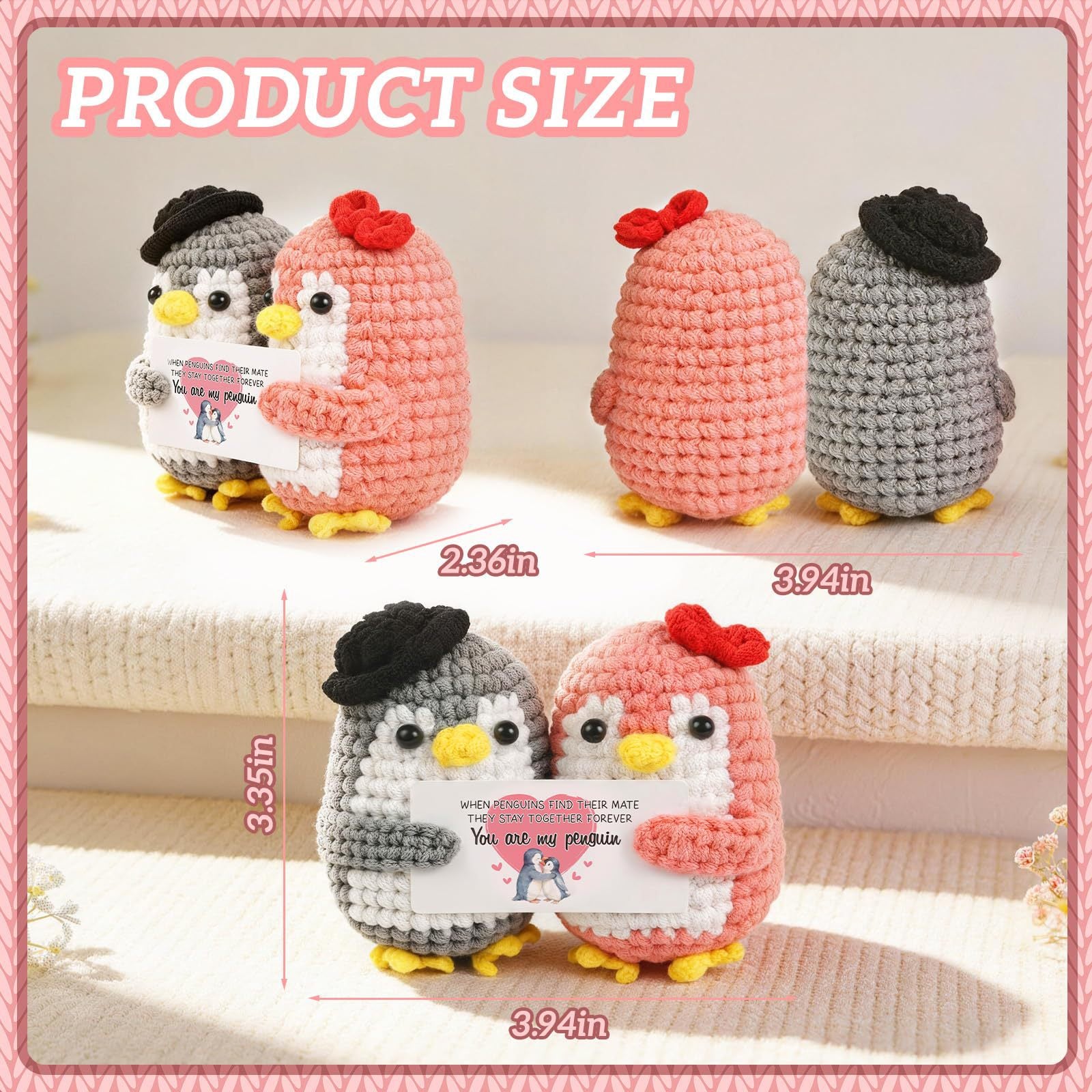Couple Wool Doll Gray Pink Wool Knitted Penguin Bow Hug Doll