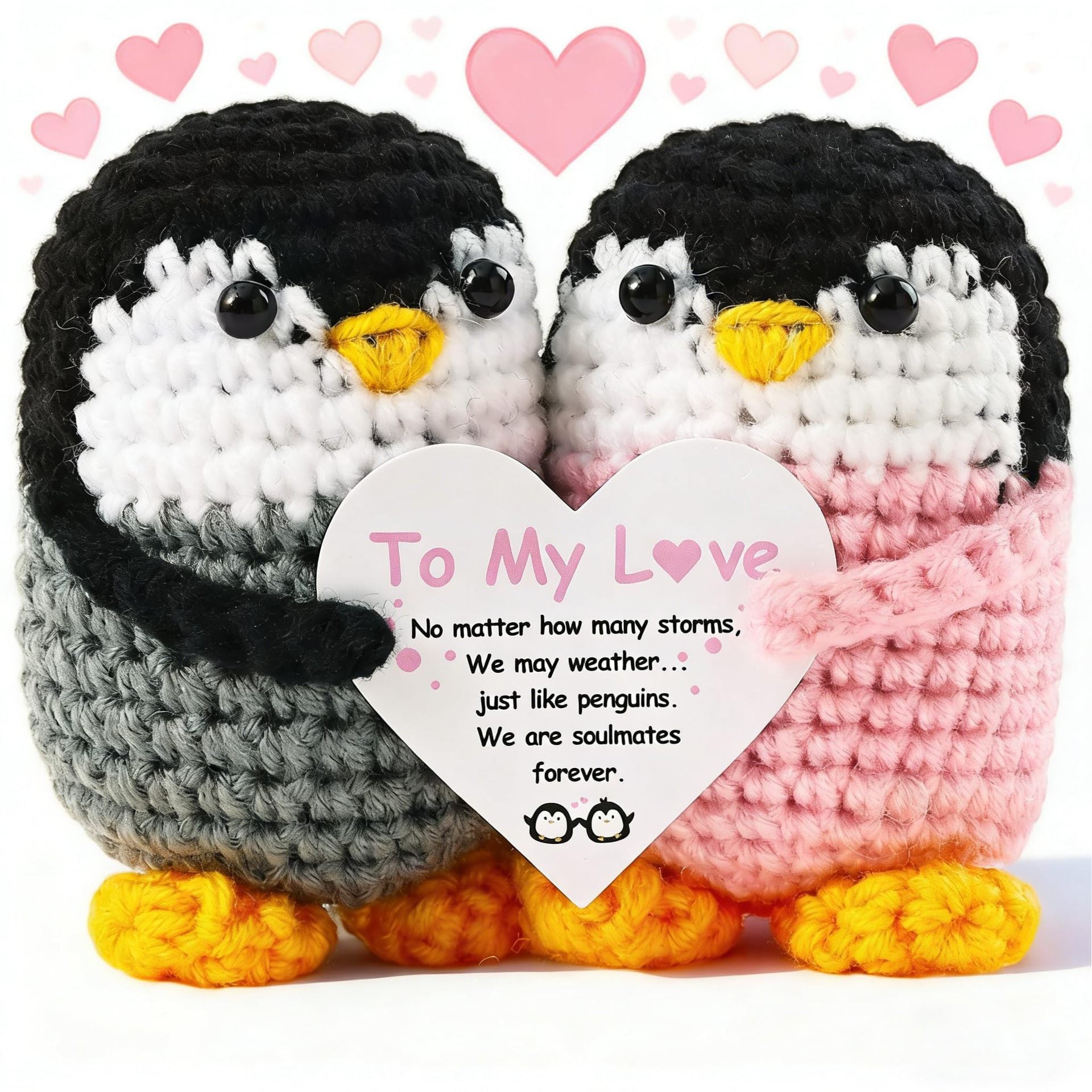Couple Wool Doll Gray Pink Wool Knitted Penguin Bow Hug Doll
