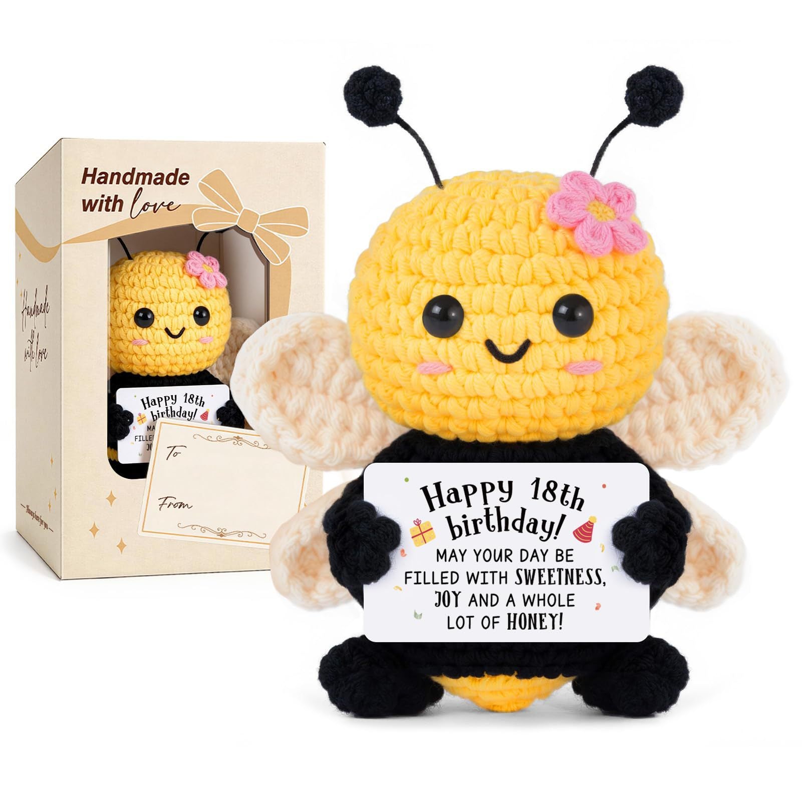 Bee Doll Wool Crocheted Black Tentacles Pink Flower Smiling Shy Cartoon Doll Flower Bee Doll