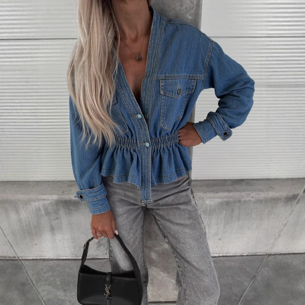 Chaqueta Vaquera Mujer Es Chaqueta Top Manga Larga Escote Pico