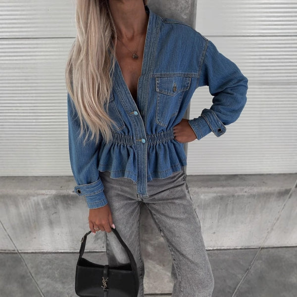 Chaqueta Vaquera Mujer Es Chaqueta Top Manga Larga Escote Pico