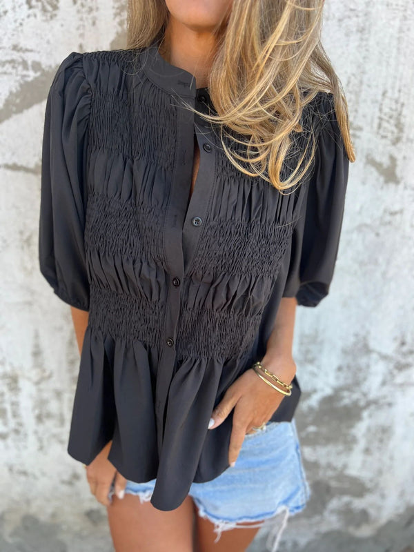 Camisa Plisada Con Botones Y Empalme De Color Liso 2025