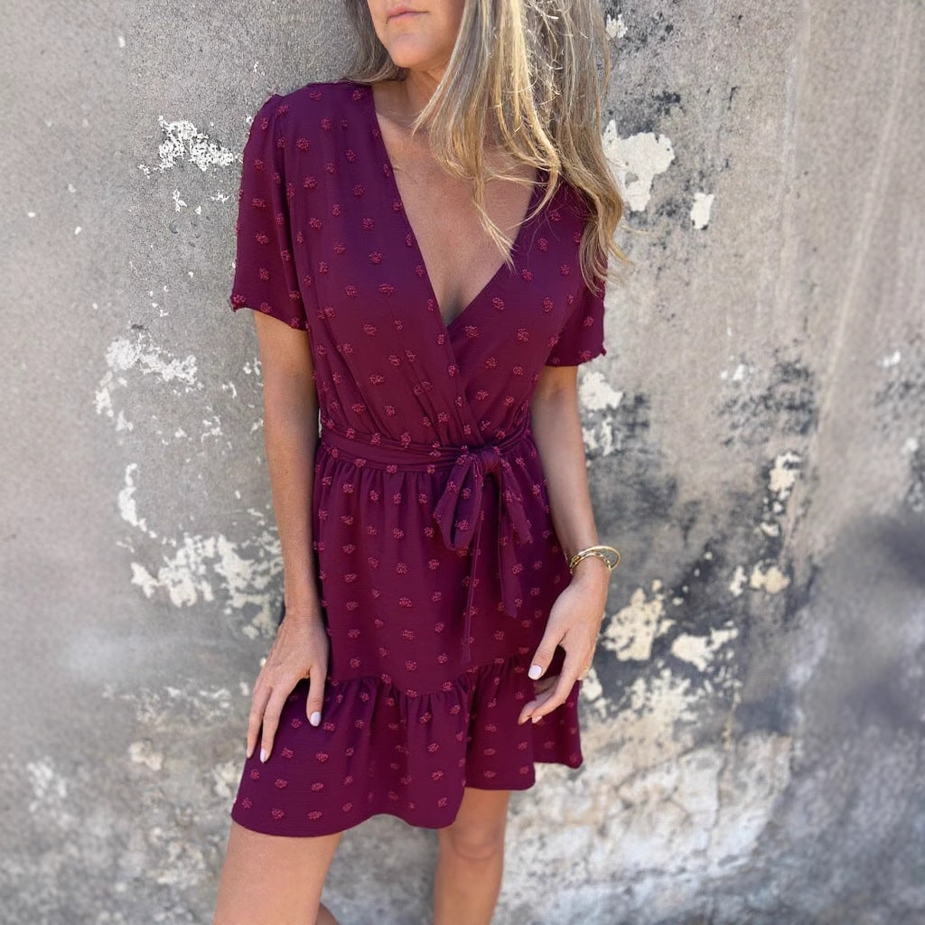 Vestido Con Escote En V Y Tirantes En La Cintura Con Mangas De Hoja De Loto Para Primavera Y Verano