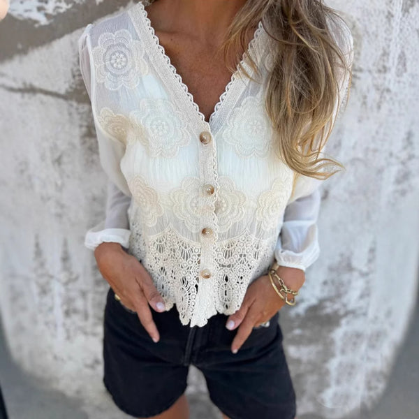 Camisa Sexy De Manga Larga Bordada Con Cuello En V 2025