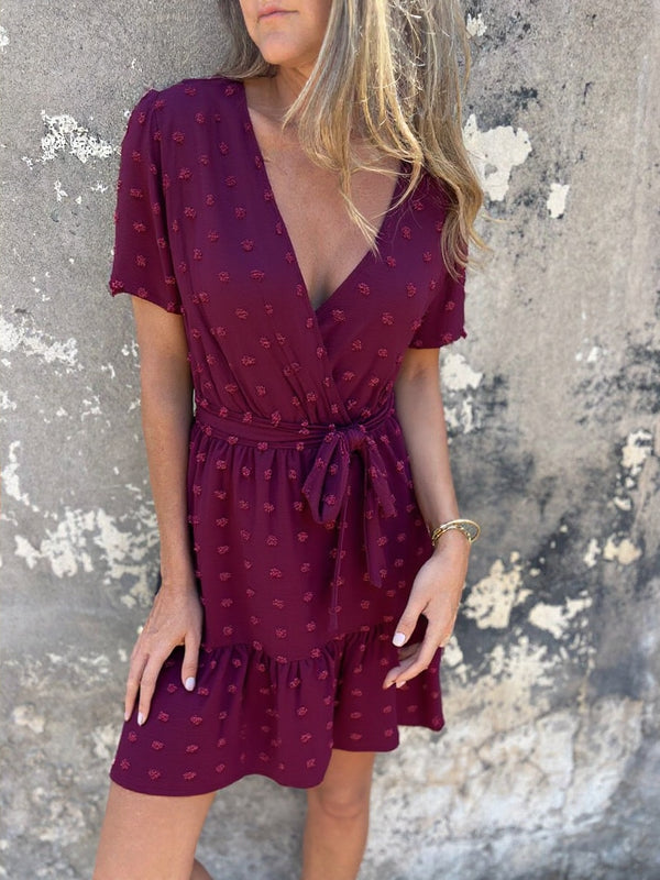 Vestido Con Escote En V Y Tirantes En La Cintura Con Mangas De Hoja De Loto Para Primavera Y Verano