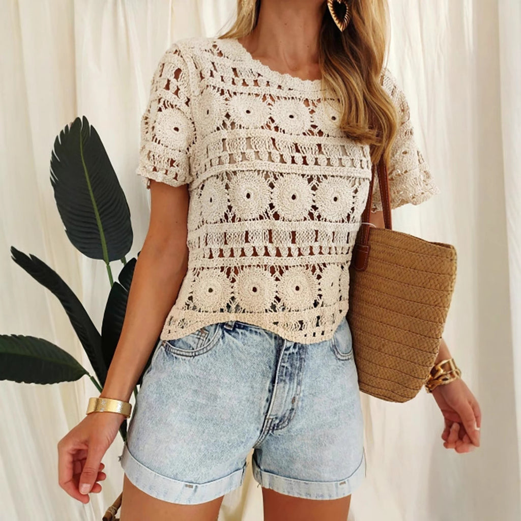 Blusa Corta De Punto Calado 2025 Con Cuello Redondo