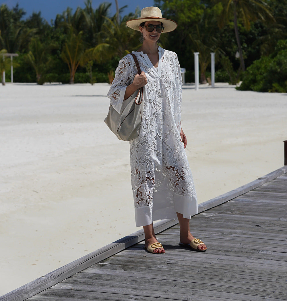 Vestido Playero De Encaje Suelto Y Sexy Con Escote En V