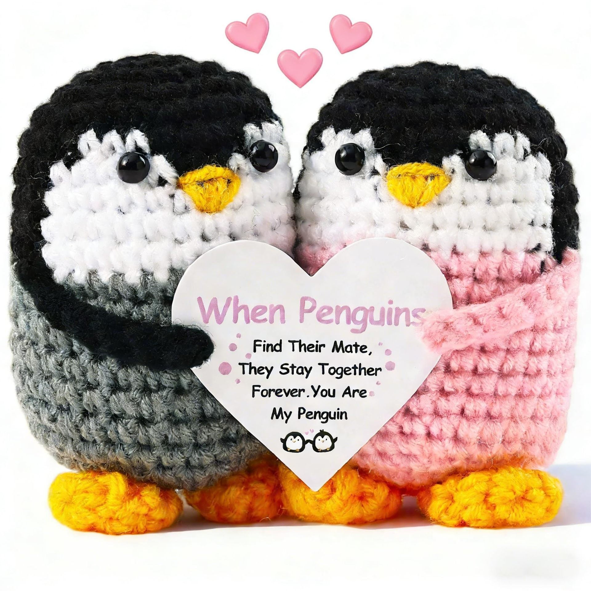 Couple Wool Doll Gray Pink Wool Knitted Penguin Bow Hug Doll