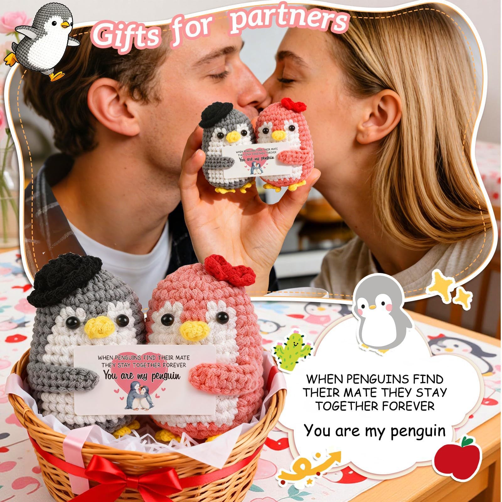 Couple Wool Doll Gray Pink Wool Knitted Penguin Bow Hug Doll