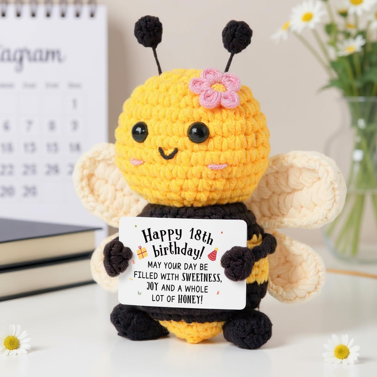 Bee Doll Wool Crocheted Black Tentacles Pink Flower Smiling Shy Cartoon Doll Flower Bee Doll
