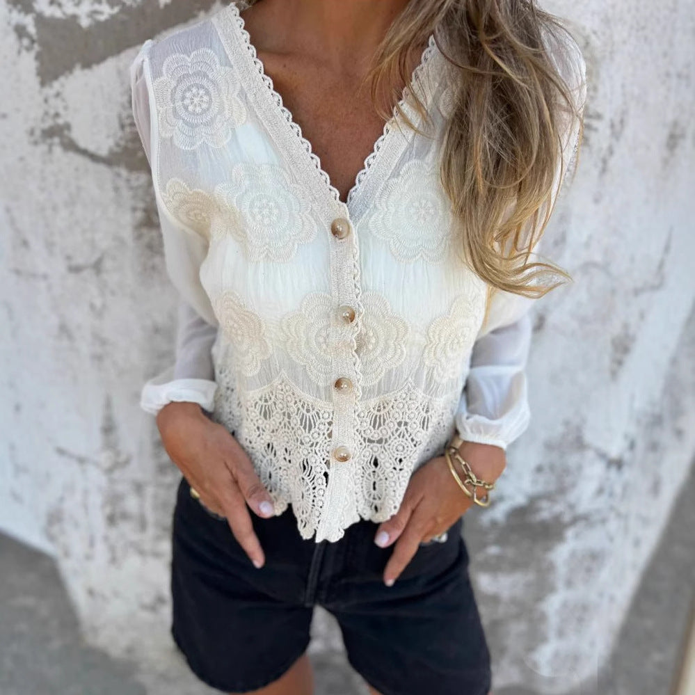 Camisa Sexy De Manga Larga Bordada Con Cuello En V 2025