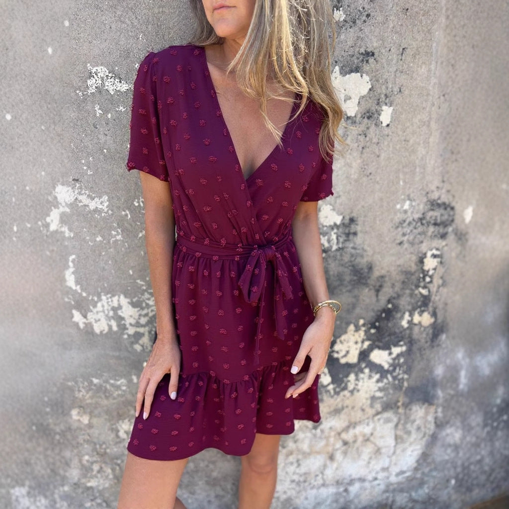 Vestido Con Escote En V Y Tirantes En La Cintura Con Mangas De Hoja De Loto Para Primavera Y Verano