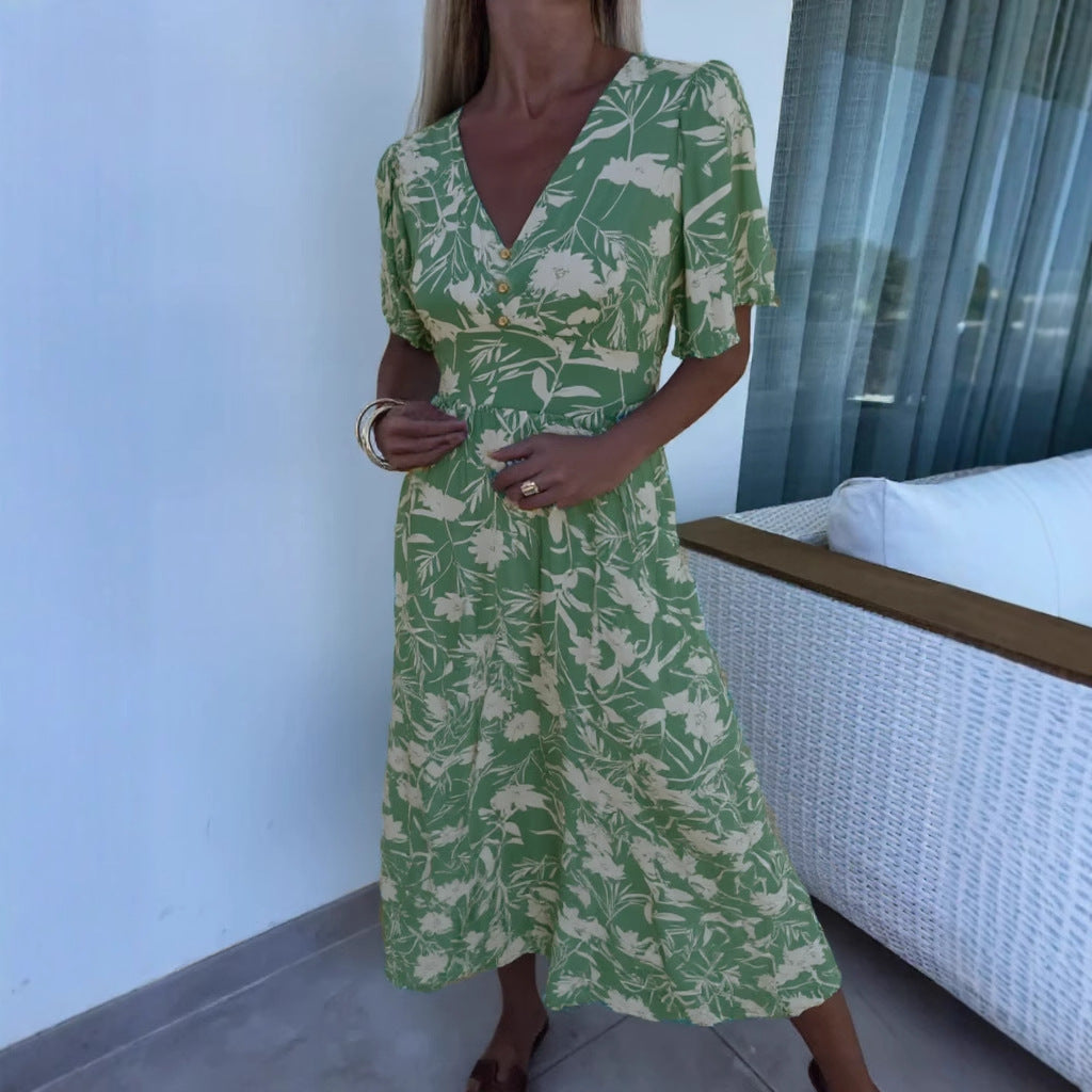 Vestido De Playa De Manga Corta Con Cuello En V Y Estampado Secondary image