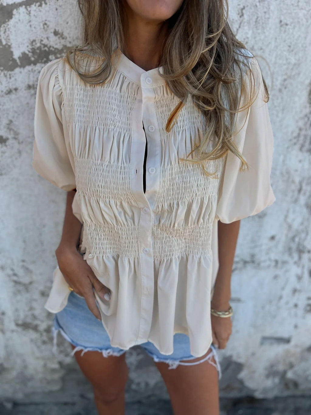 Camisa Plisada Con Botones Y Empalme De Color Liso 2025