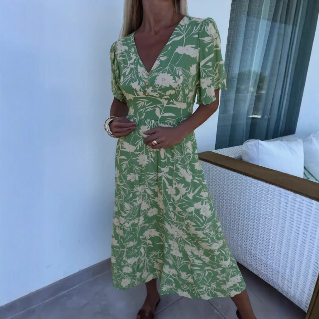 Vestido De Playa De Manga Corta Con Cuello En V Y Estampado