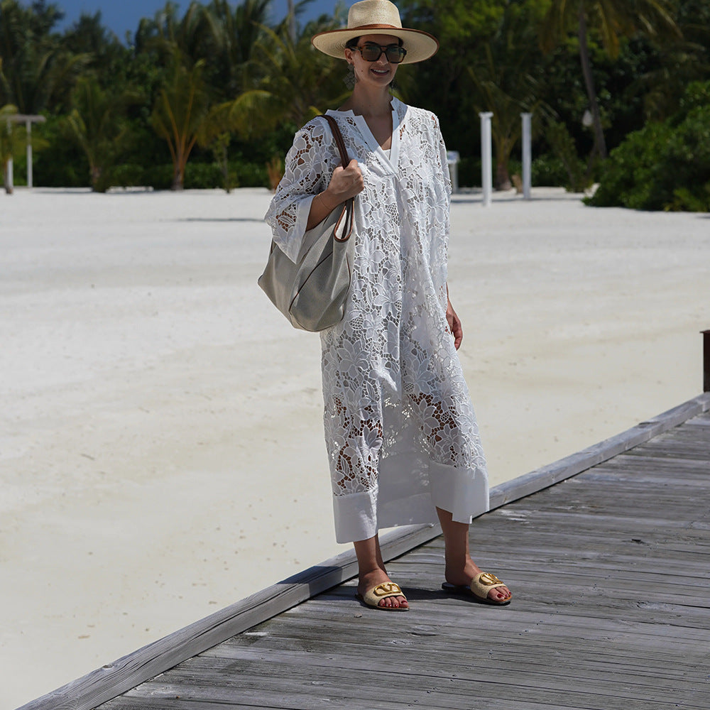 Vestido Playero De Encaje Suelto Y Sexy Con Escote En V