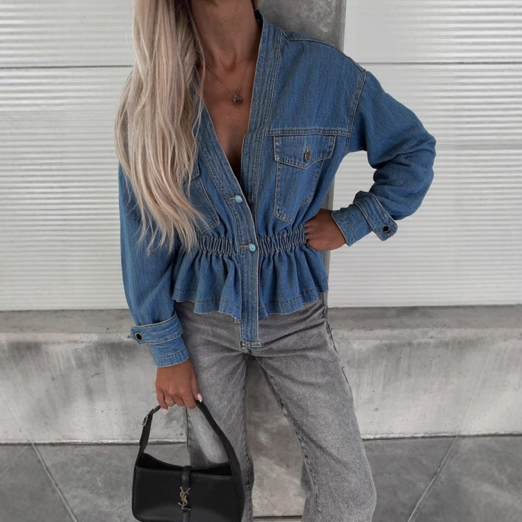 Chaqueta Vaquera Mujer Es Chaqueta Top Manga Larga Escote Pico