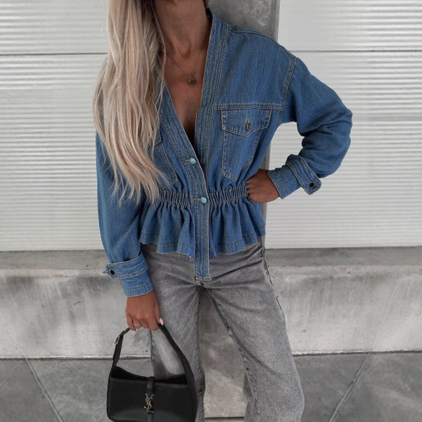 Chaqueta Vaquera Mujer Es Chaqueta Top Manga Larga Escote Pico