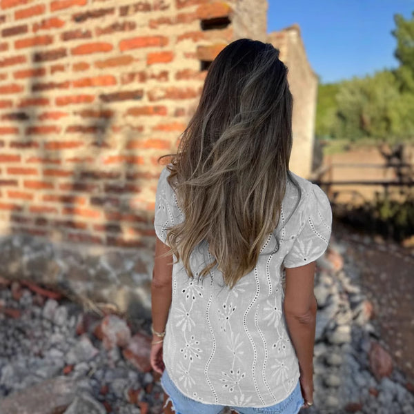 Camisa De Manga Corta Con Encaje Bordado Y Escote En V 2025