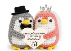 Couple Wool Doll Gray Pink Wool Knitted Penguin Bow Hug Doll