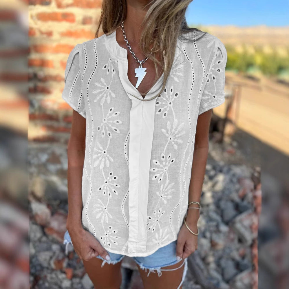 Camisa De Manga Corta Con Encaje Bordado Y Escote En V 2025