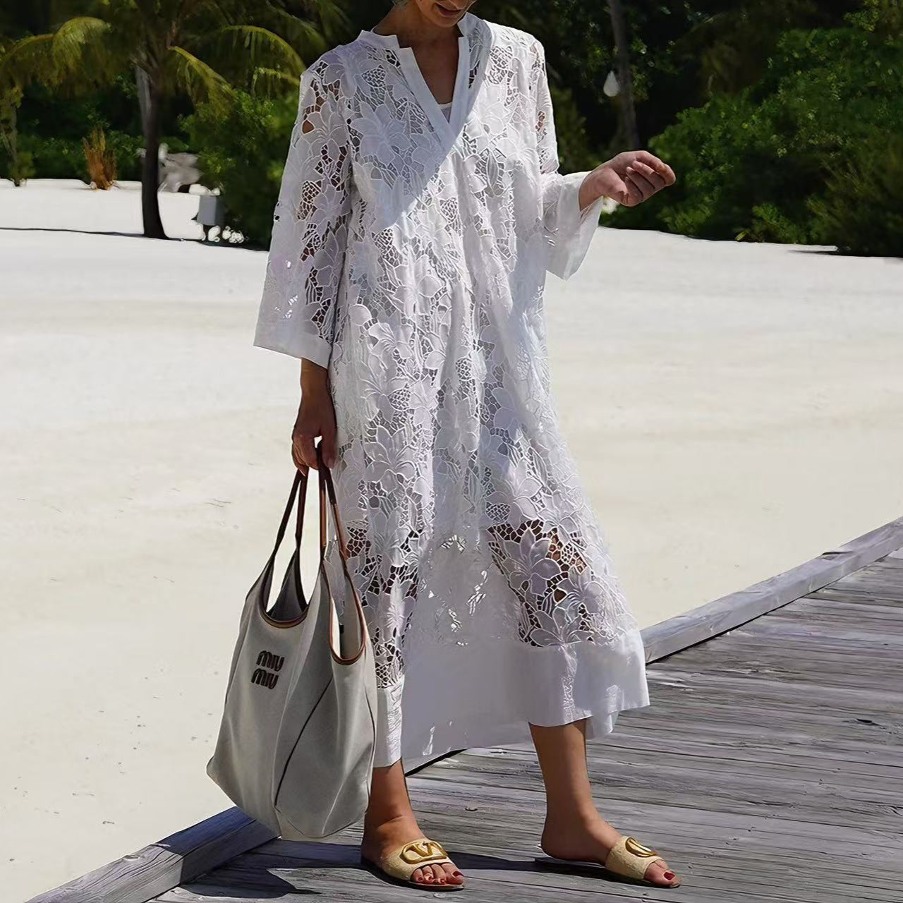 Vestido Playero De Encaje Suelto Y Sexy Con Escote En V