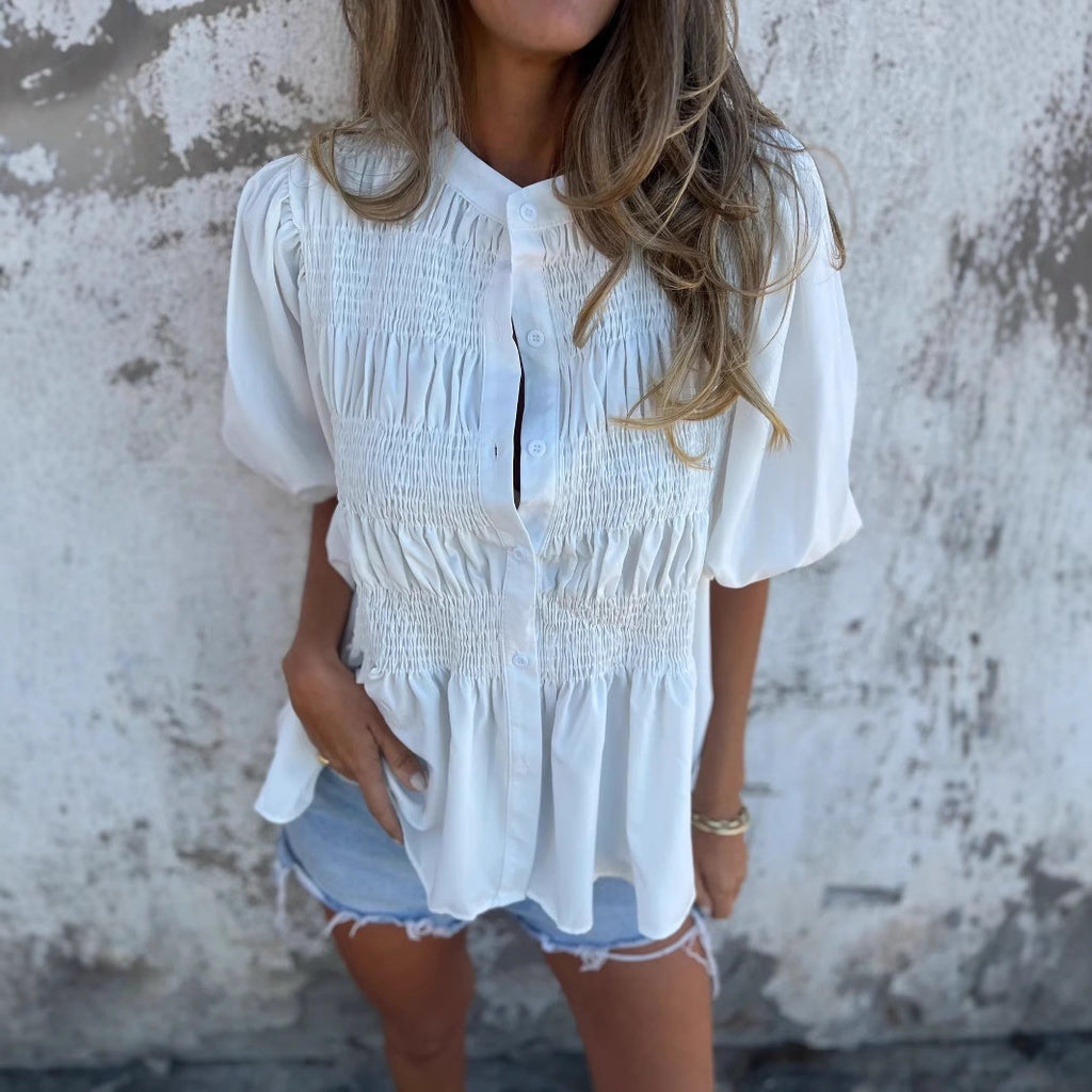 Camisa Plisada Con Botones Y Empalme De Color Liso 2025