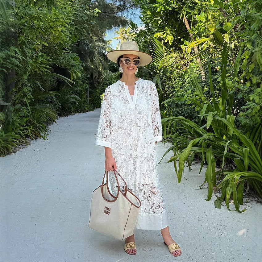 Vestido Playero De Encaje Suelto Y Sexy Con Escote En V