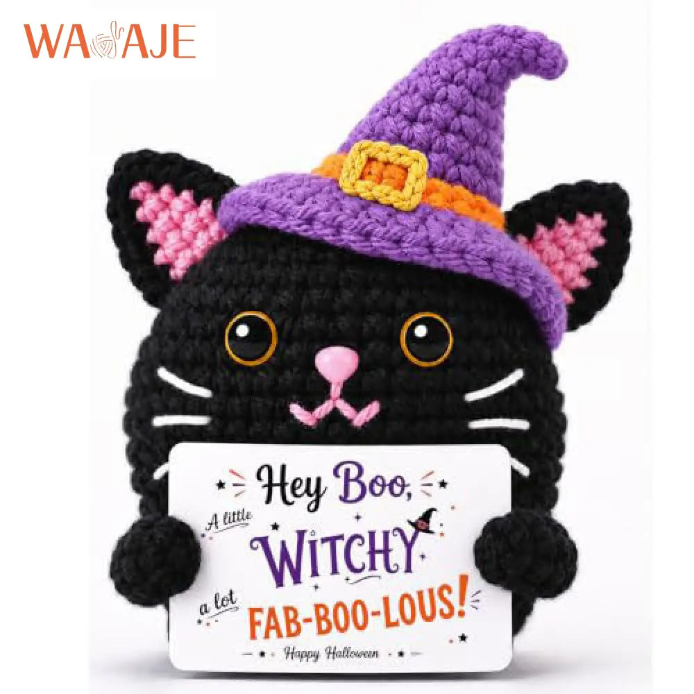 Halloween Handmade Doll Black Wool Pearl Black Cat Hooded Tabletop Ornament Doll Crocheted Black Cat Doll - Boo