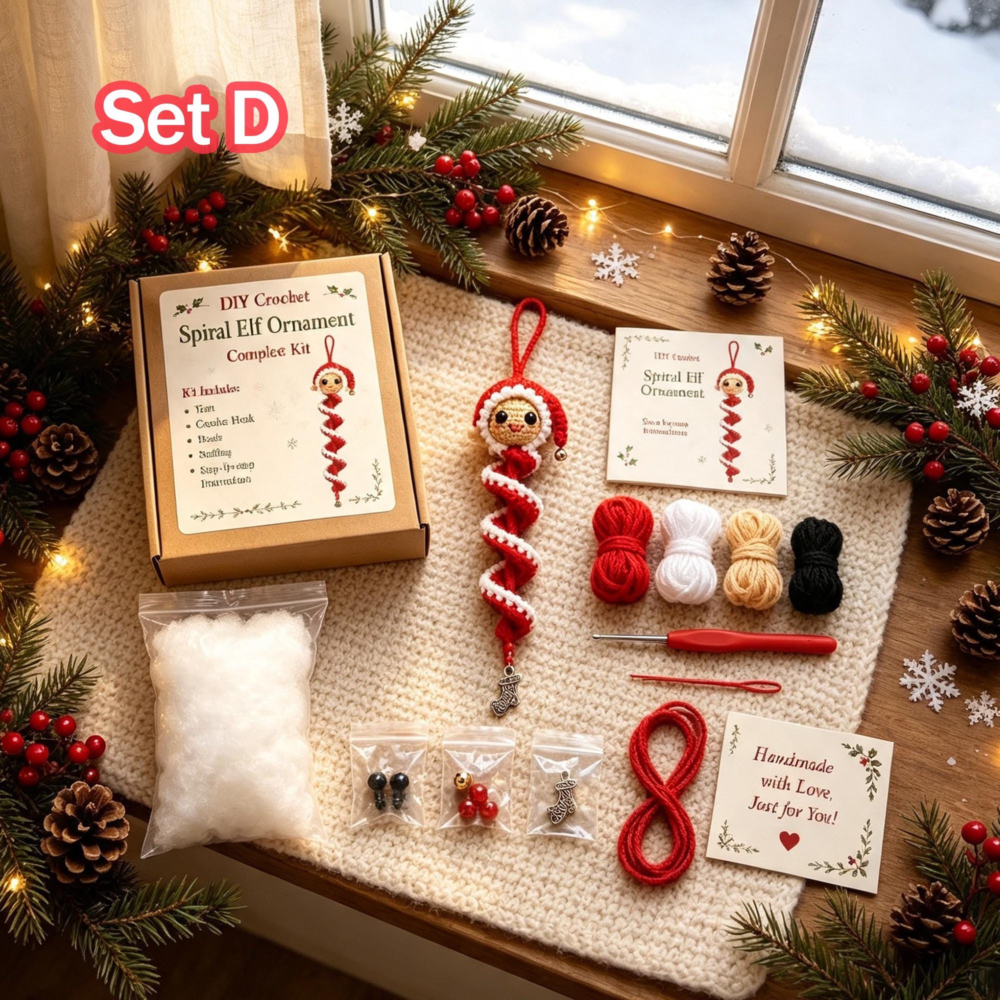 Crochet Christmas Spiral Wind Chime Ornament DIY Kit |Santa,Snowman,Xmas Tree,Elf Handmade Crochet Supplies,Beginner Friendly Craft Kit Gift