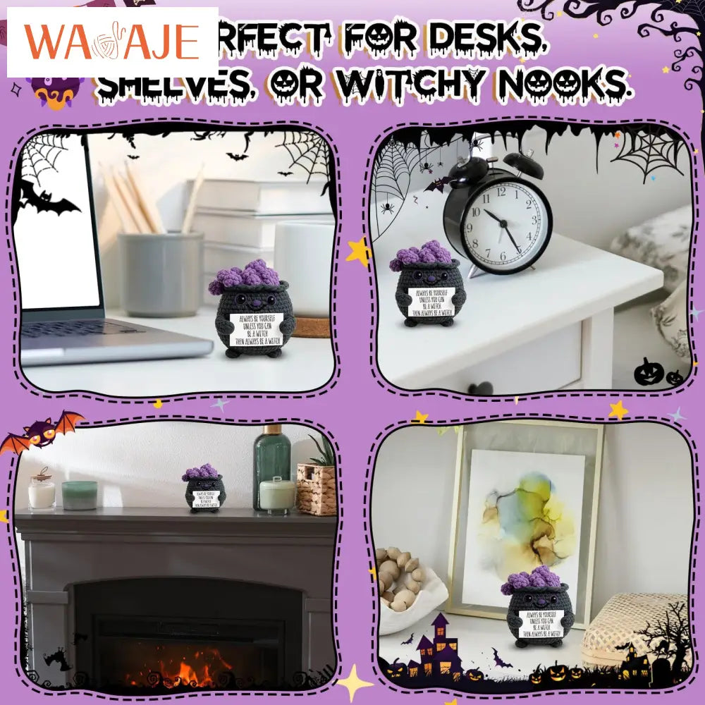 Knitted Magic Pot Doll Halloween Magic Pot Bubble Doll with Black Hat Cute Ghost Doll