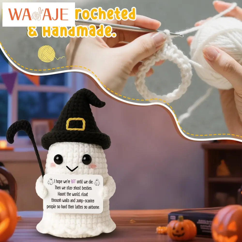 Knitted Magic Pot Doll Halloween Magic Pot Bubble Doll with Black Hat Cute Ghost Doll