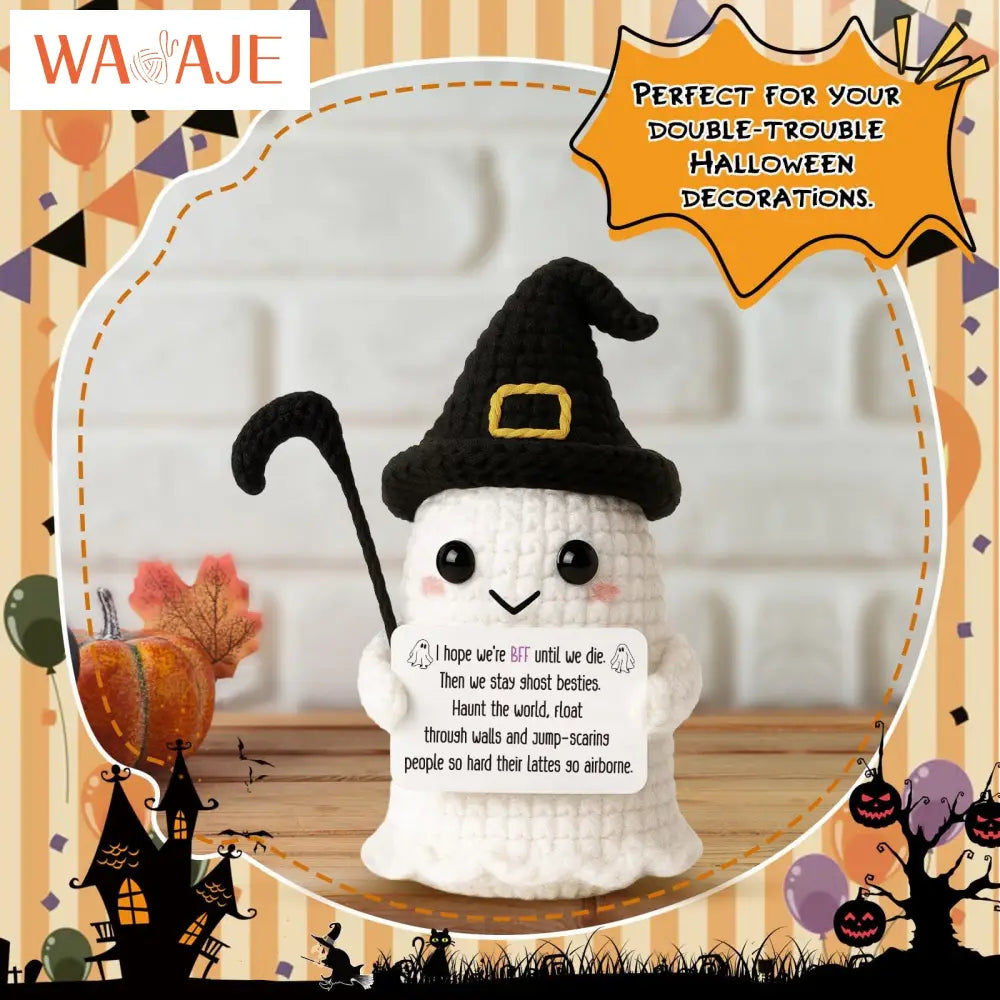 Knitted Magic Pot Doll Halloween Magic Pot Bubble Doll with Black Hat Cute Ghost Doll