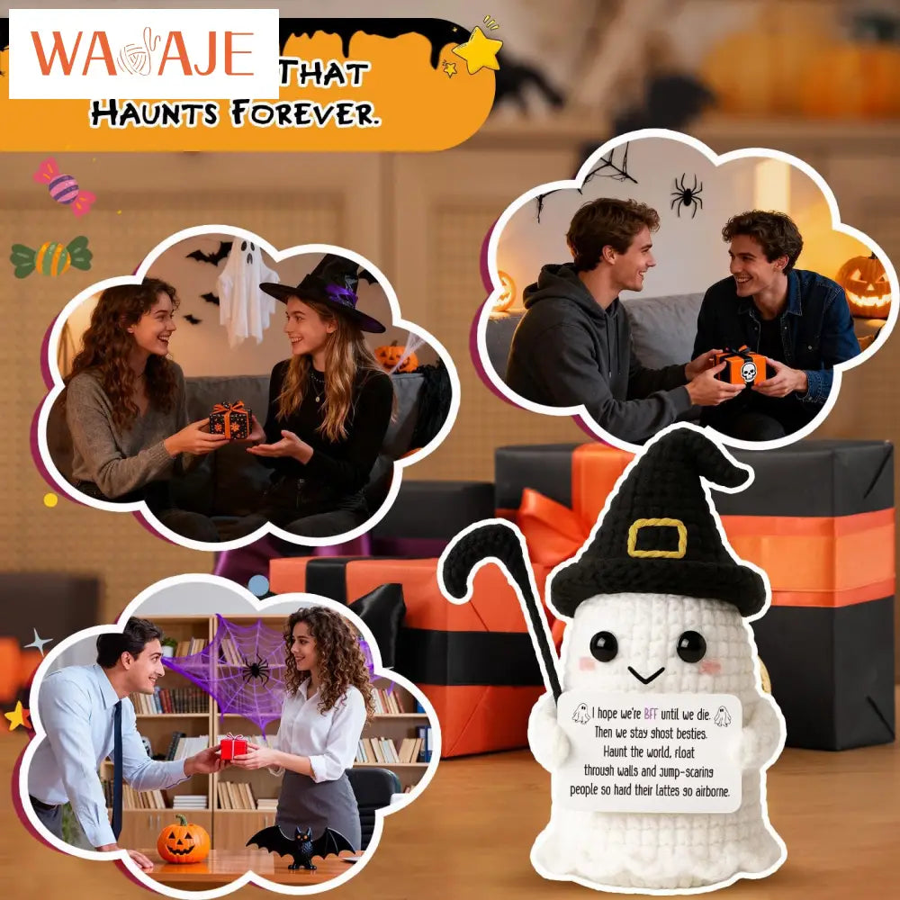 Knitted Magic Pot Doll Halloween Magic Pot Bubble Doll with Black Hat Cute Ghost Doll