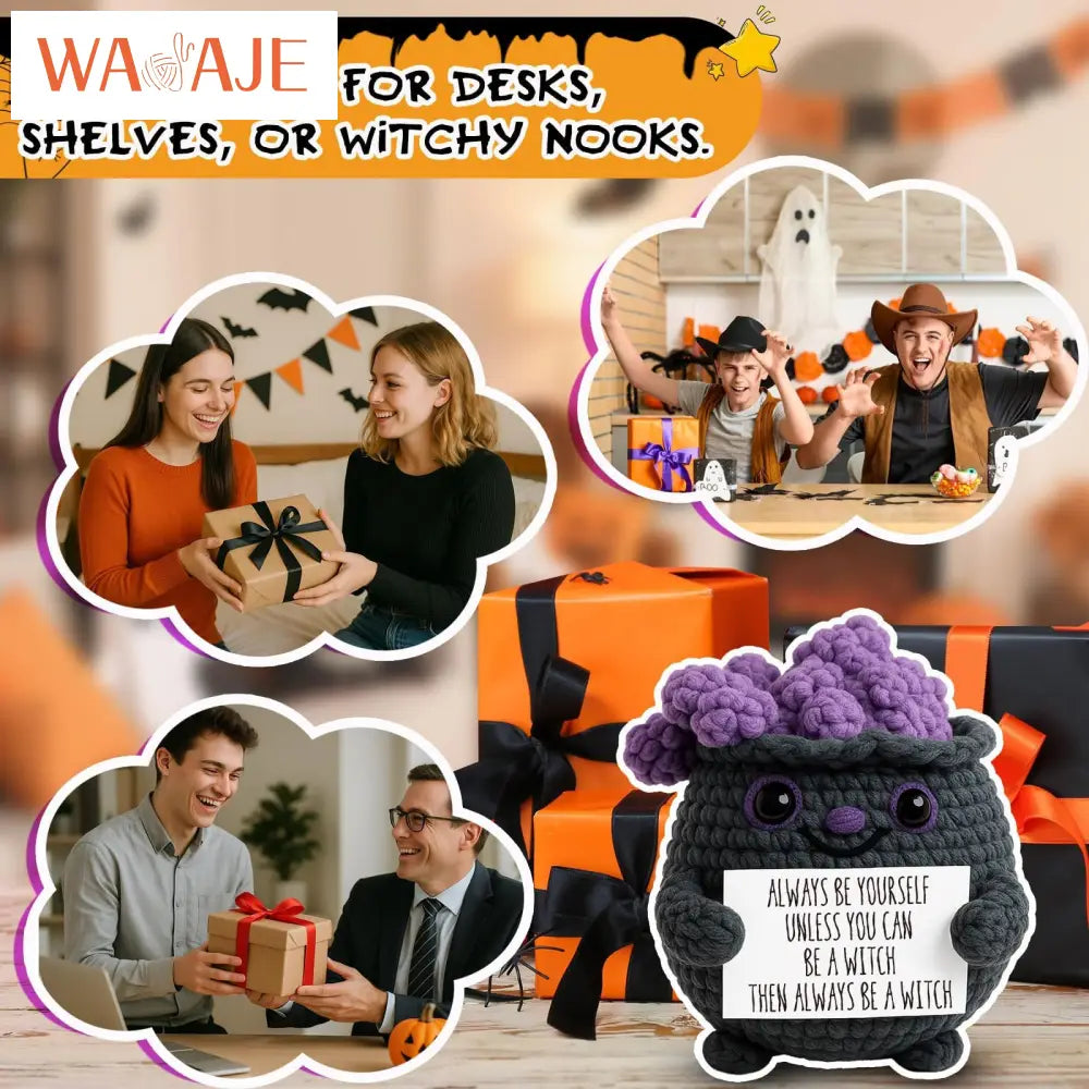 Knitted Magic Pot Doll Halloween Magic Pot Bubble Doll with Black Hat Cute Ghost Doll