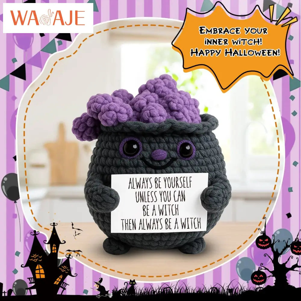 Knitted Magic Pot Doll Halloween Magic Pot Bubble Doll with Black Hat Cute Ghost Doll