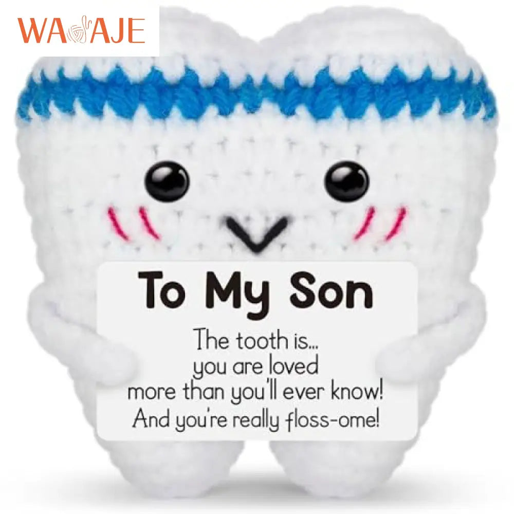 Knitted Wool Doll Cute Pink Blue White Teeth Emotional Support Ornament Hand Crocheted Pink Teeth Doll - To My Son Blue